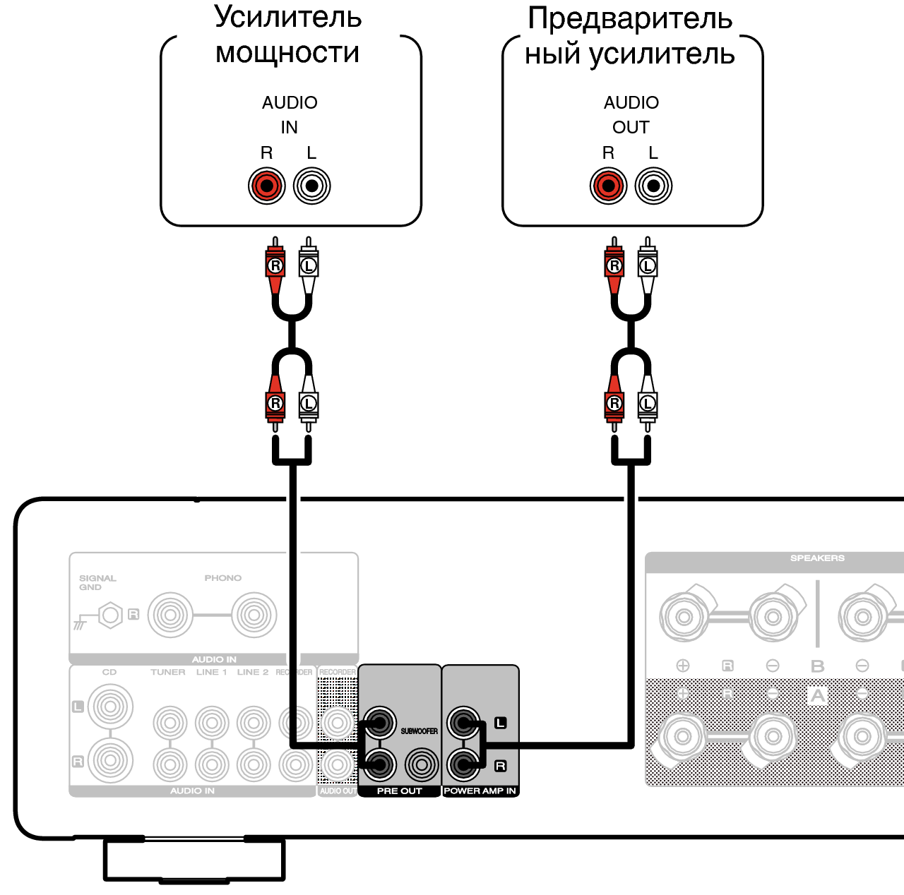Подключение предусилителя или усилителя мощности MODEL 50